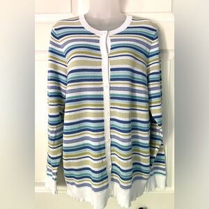 Pendleton Sweater Cardigan White Green Blue Striped Cotton Size XL